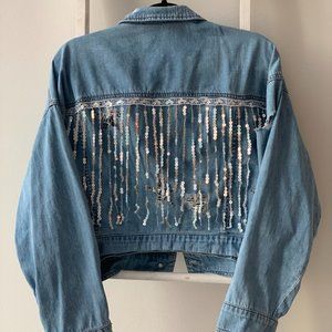 Jean Jacket with Sequin Fringe and Star Patches